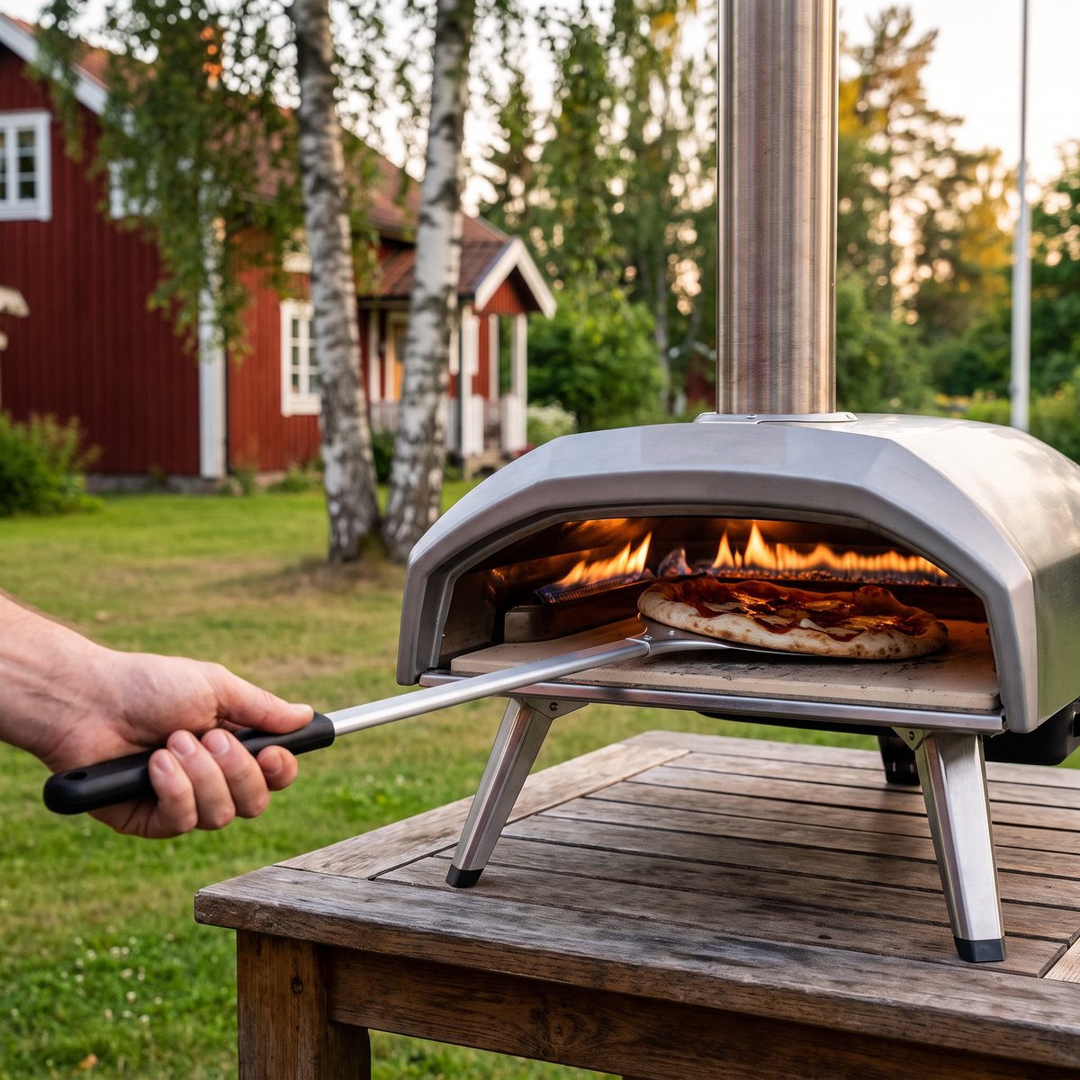 Ooni Pizza Turning Peel med långt skaft som vrider en pizza inne i en pizzaugn i en trädgård med björkar och rött hus