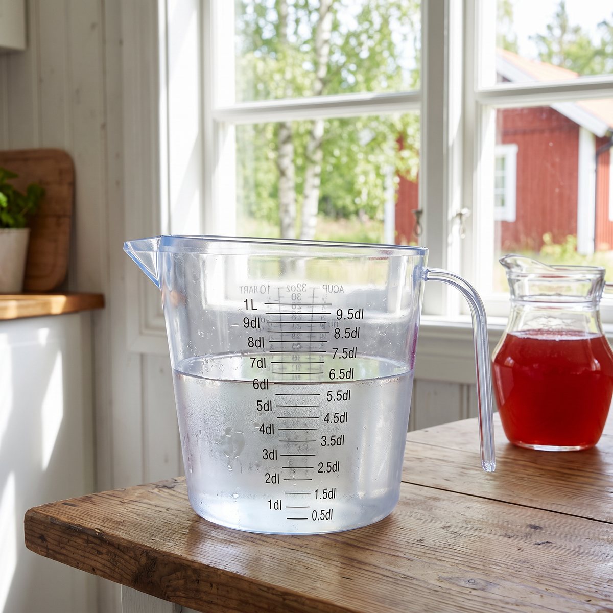 Dorre Mila måttbägare med kallt vatten på ett träbord i ett svenskt sommarstugekök med röd stuga utanför