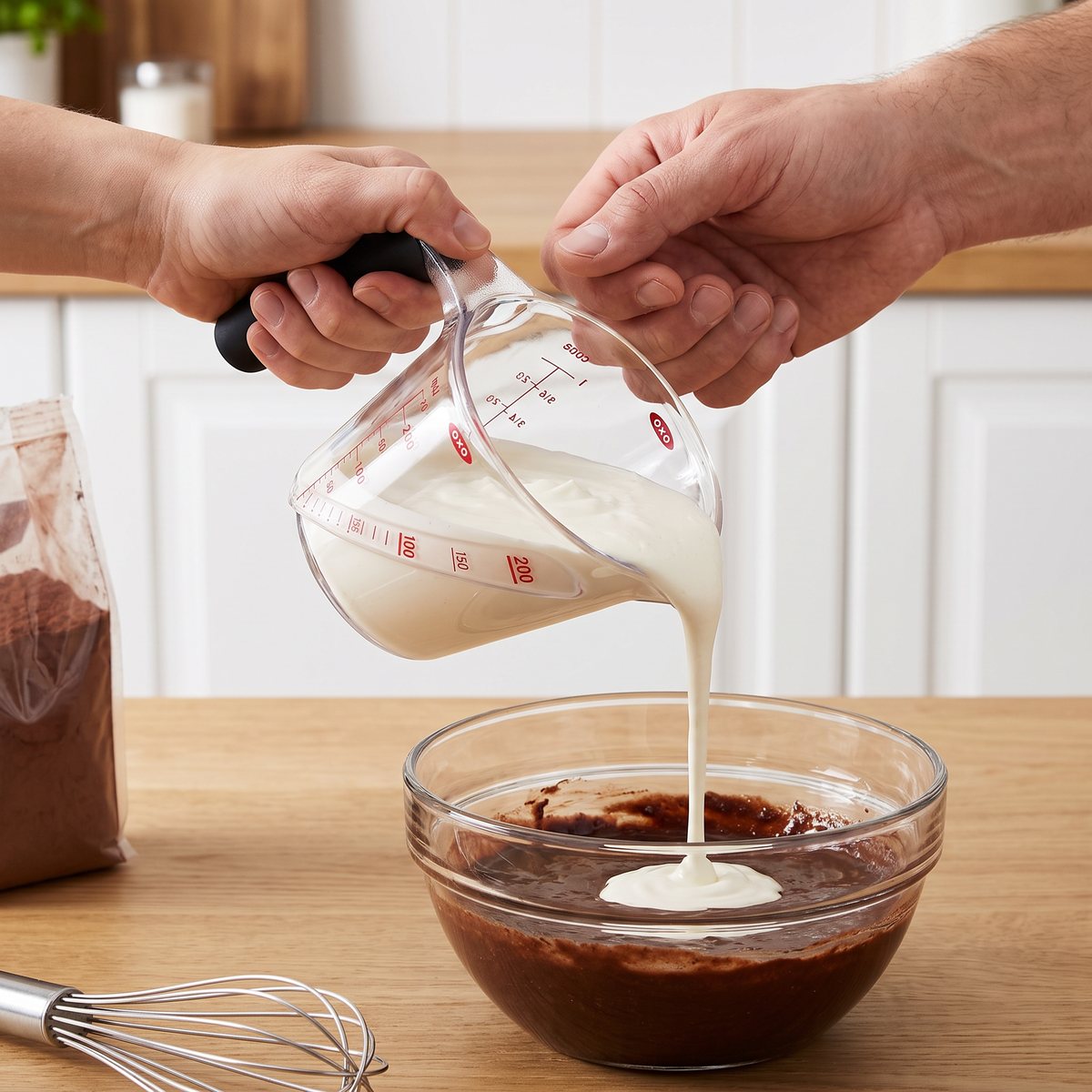 Oxo decilitermått som häller grädde i en bunke med kladdkakesmet på en ljus köksbänk