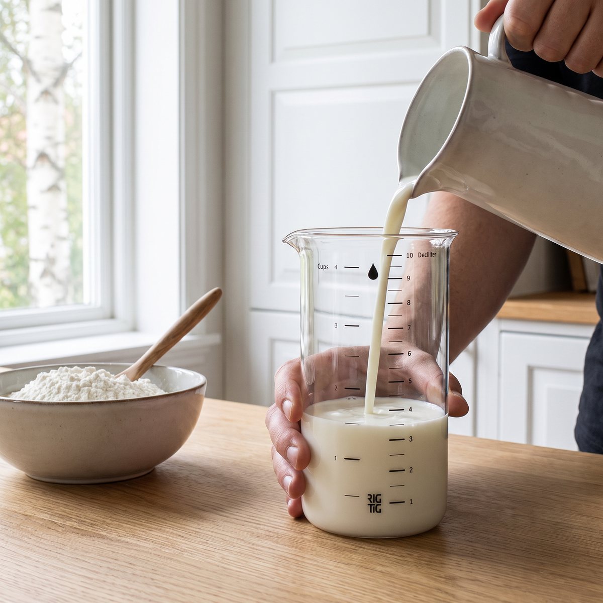 Rig-tig MIX-IT måttbägare i glas fylls med mjölk i ett svenskt kök med ljus ekbänkskiva