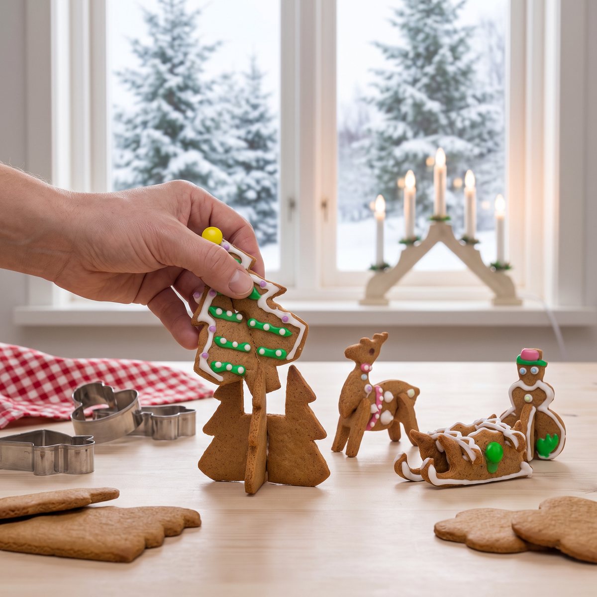 Hand som sätter ihop en stående pepparkaksgran bredvid en ren, en släde och en snögubbe av pepparkaka på ett köksbord, med adventsljusstake och snöiga granar utanför fönstret