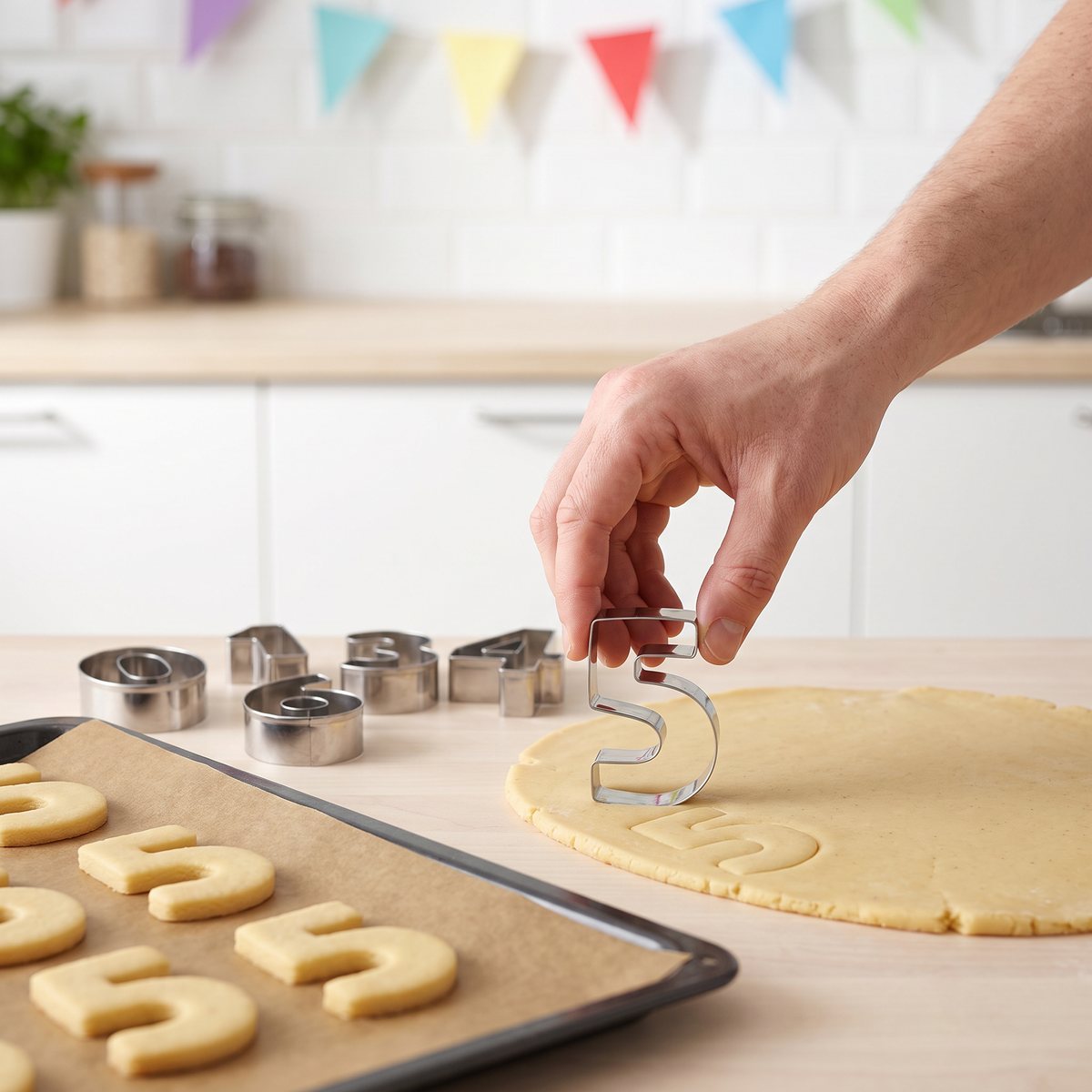 Hand som håller en sifferform i rostfritt stål över utkavlad kakdeg, med femmor på en bakplåt och de andra sifferformarna på bänken i ett ljust kök med kalasvimplar