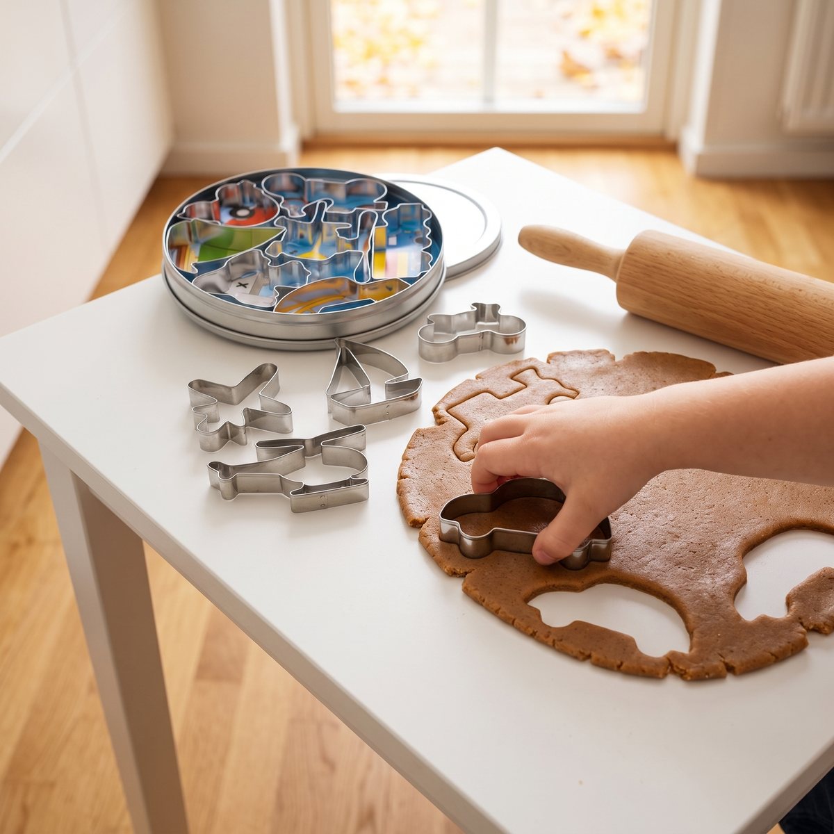 Barnhand som trycker en bilformad utstickare i pepparkaksdeg på ett vitt köksbord, med flygplan, båt och de andra fordonsformarna och plåtasken bredvid