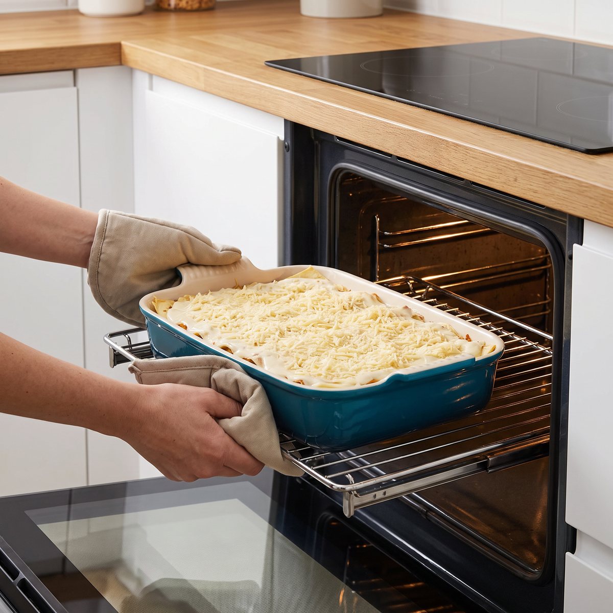 Le Creuset Heritage ugnsform i blått stengods med ostgratinerad lasagne skjuts in i ugnen i ett vitt svenskt kök med induktionshäll