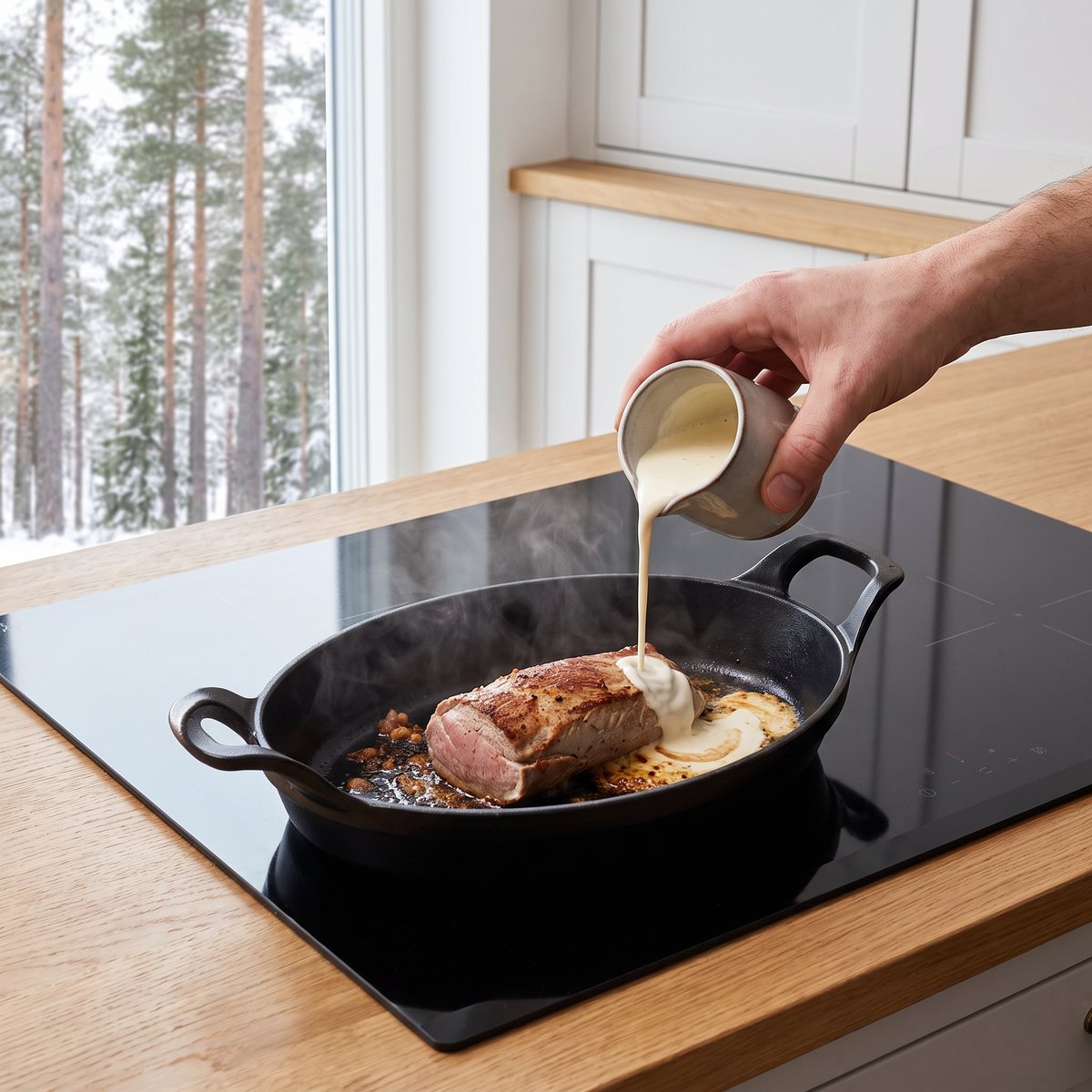 Staubs svarta ovala gjutjärnsform på en induktionshäll där en fläskfilé bryns och grädde hälls över, i ett svenskt kök med tallskog utanför fönstret