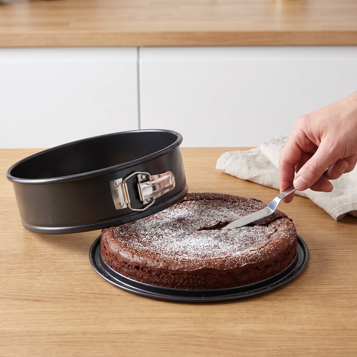 Tala Performance springform med upplockad ring och kladdkaka som skärs med palettkniv direkt på bottenplattan, på en ljus träbänk i ett svenskt kök
