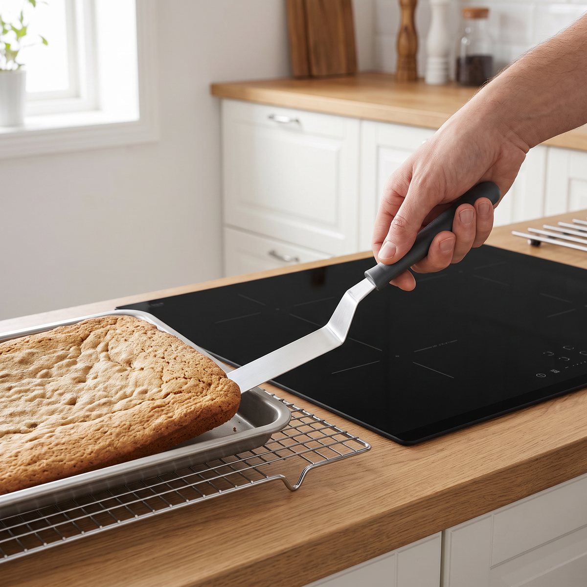 Dorre Cookie vinklad palettkniv med mörkt handtag som lyfter en stor kaka från en plåt i ett svenskt kök