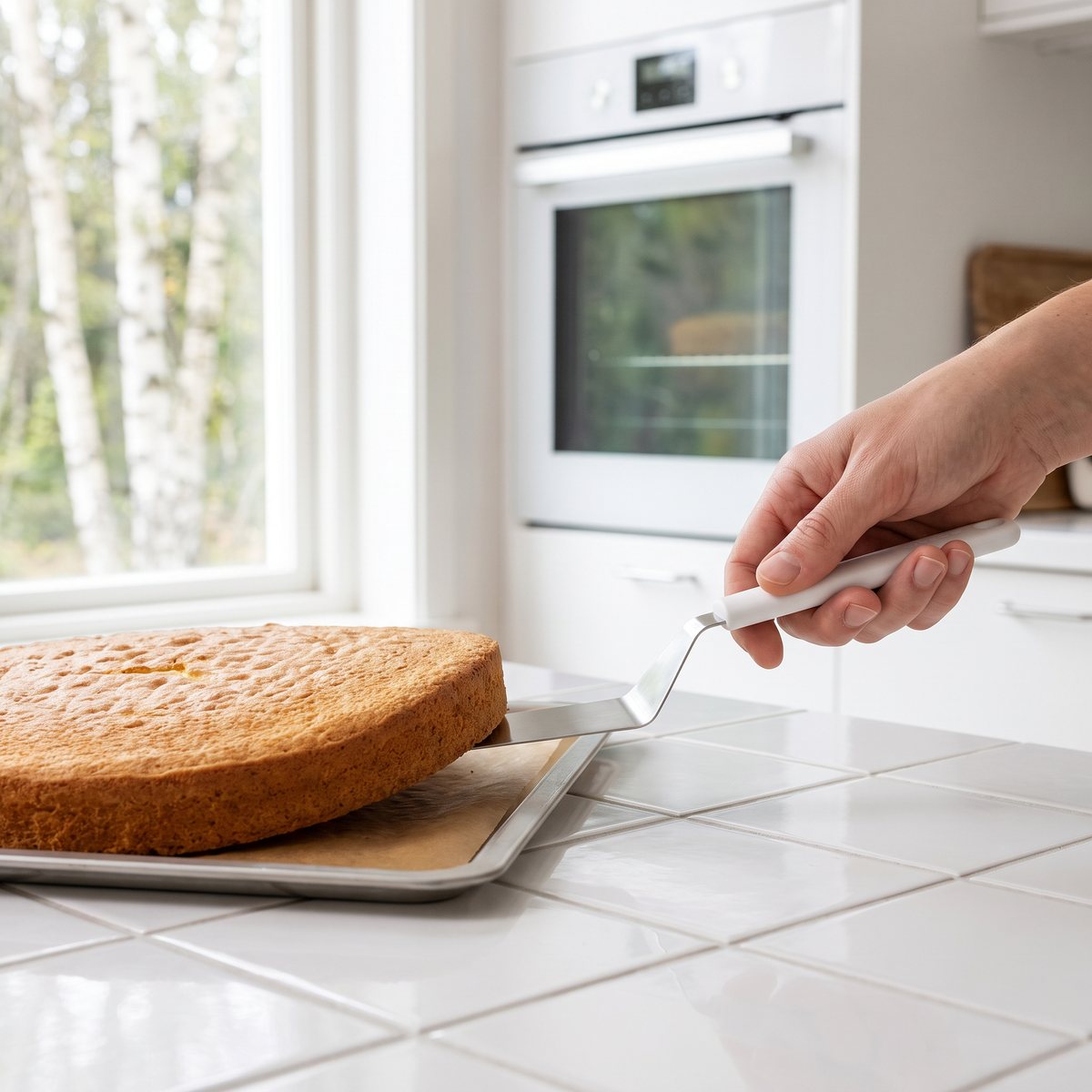Fiskars Functional Form palettkniv med vitt handtag som lyfter en stor sockerkaksbotten från en plåt i ett ljust svenskt kök