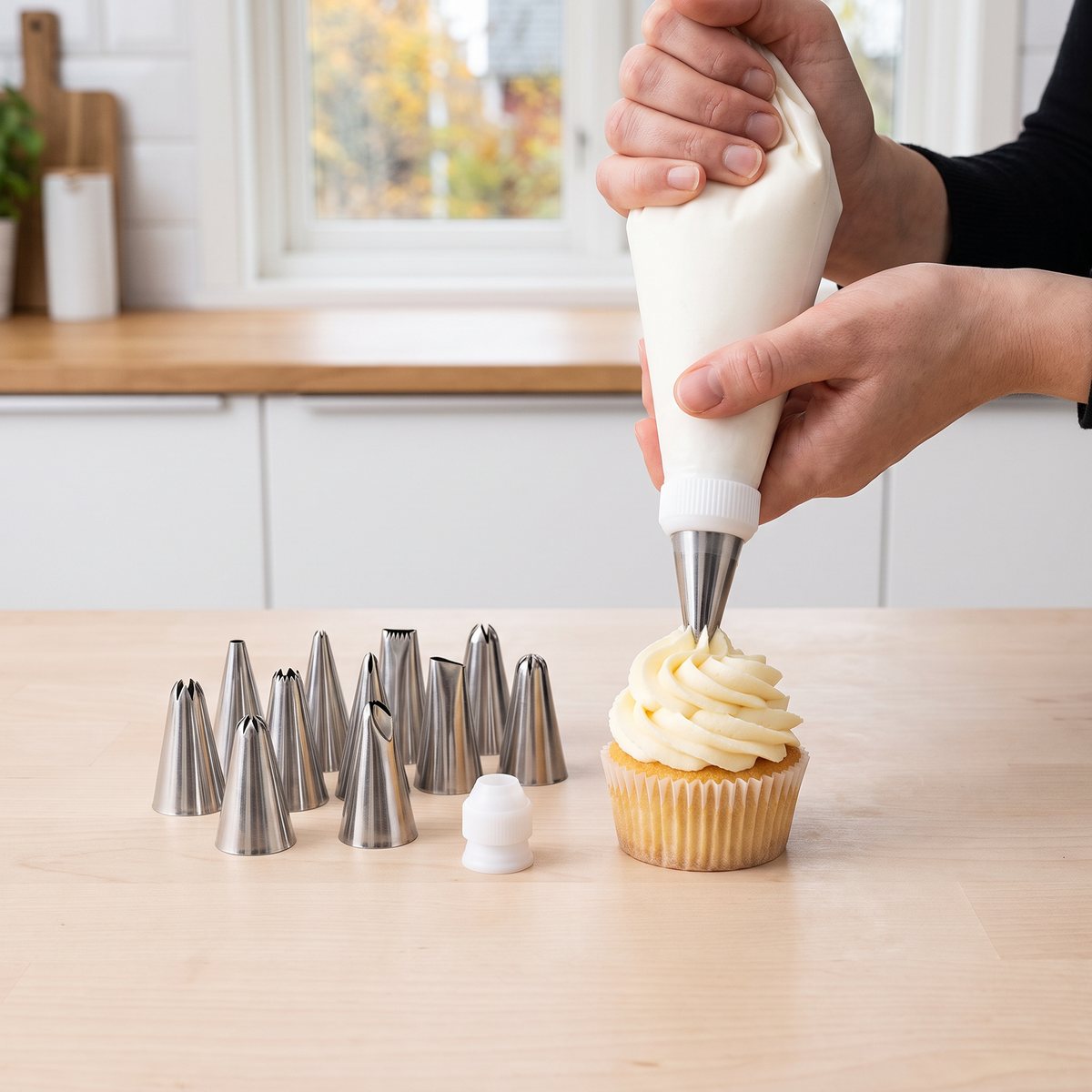 Spritspåse med stålstyll som spritsar en smörkrämsrosett på en cupcake, med fler tyllar och en tyllkopplare på en ljus träbänk i ett svenskt kök