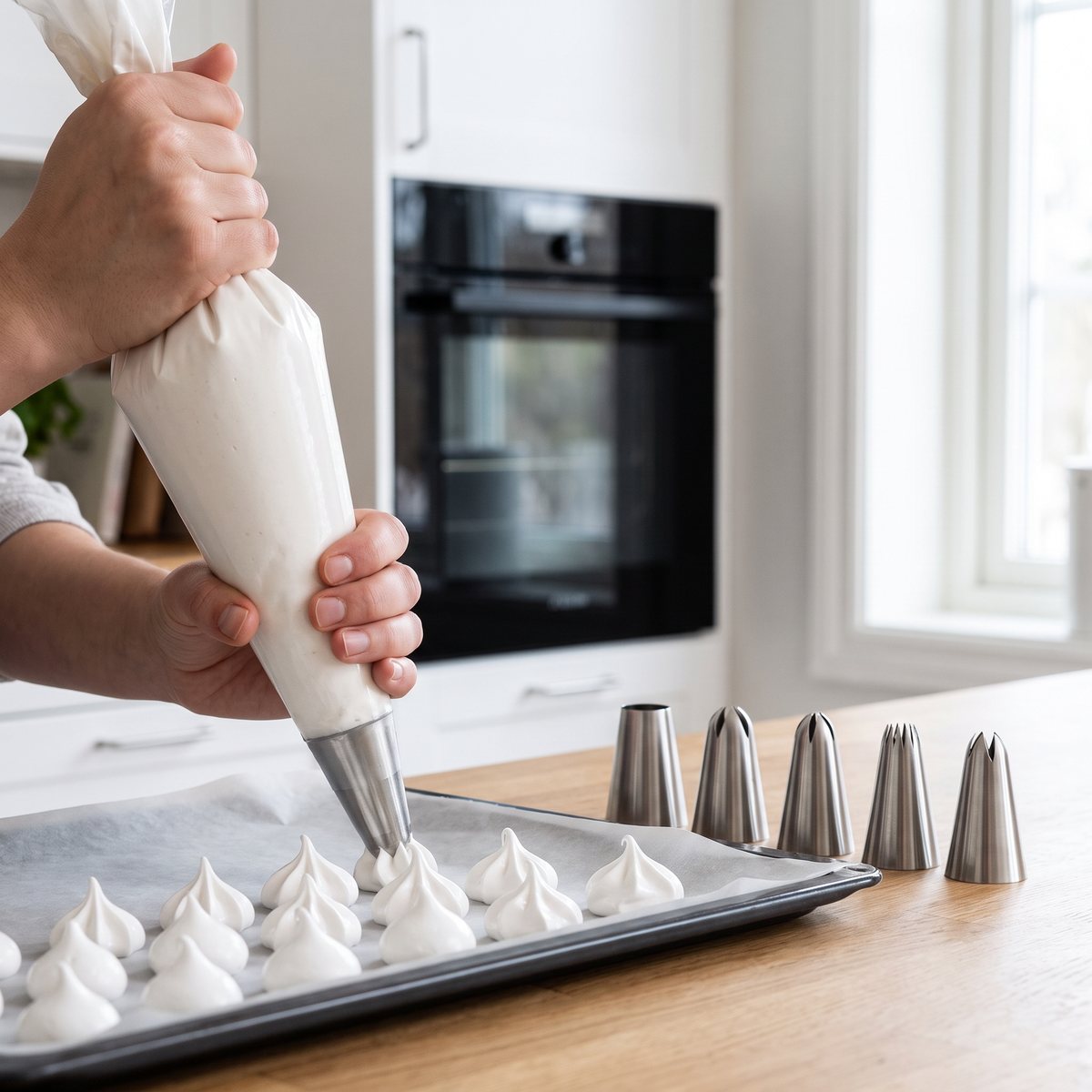 Spritspåse med stor ståltyll som spritsar maränger på en bakplåt, med fler stora tyllar i rad på köksbänken framför en inbyggd ugn