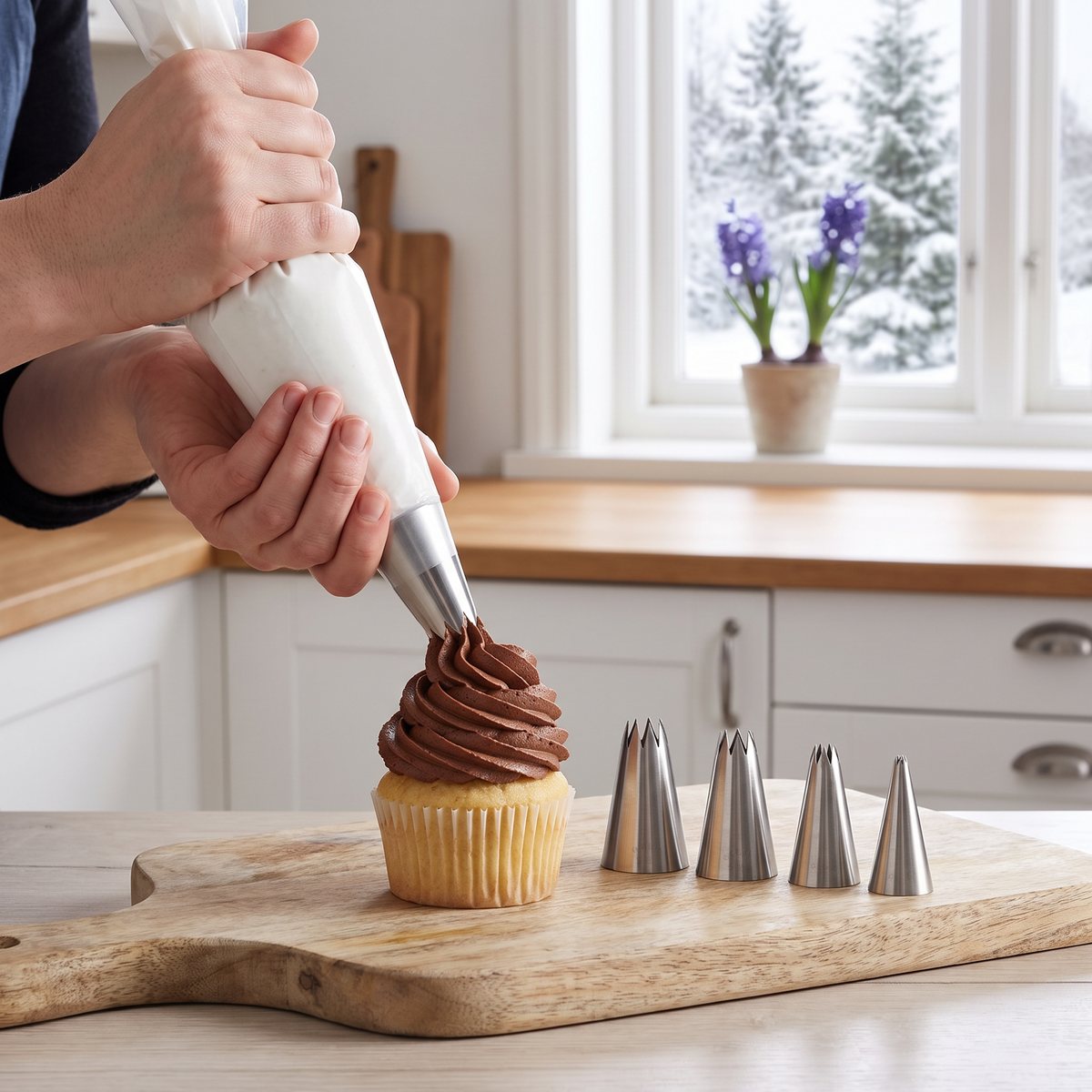 Stor stjärntyll i stål som spritsar en chokladvirvel på en cupcake, med fyra mindre stjärntyllar på en skärbräda i ett svenskt vinterkök