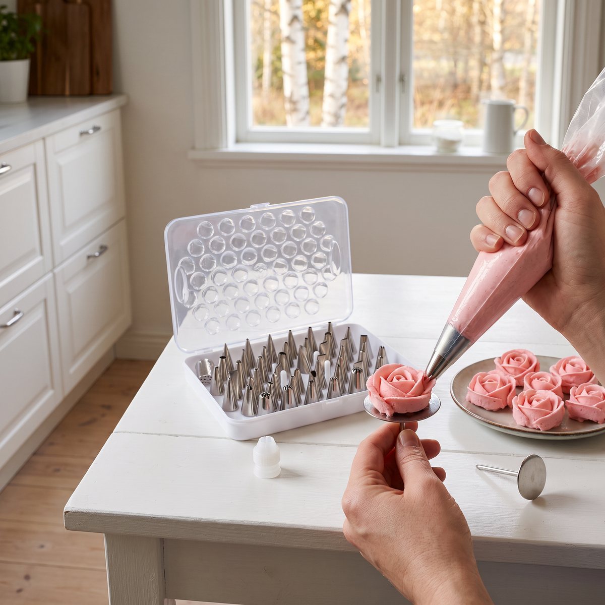 Öppen genomskinlig förvaringsbox med rader av små ståltyllar på ett vitt köksbord, medan rosa smörkrämsrosor spritsas på en blomsternål