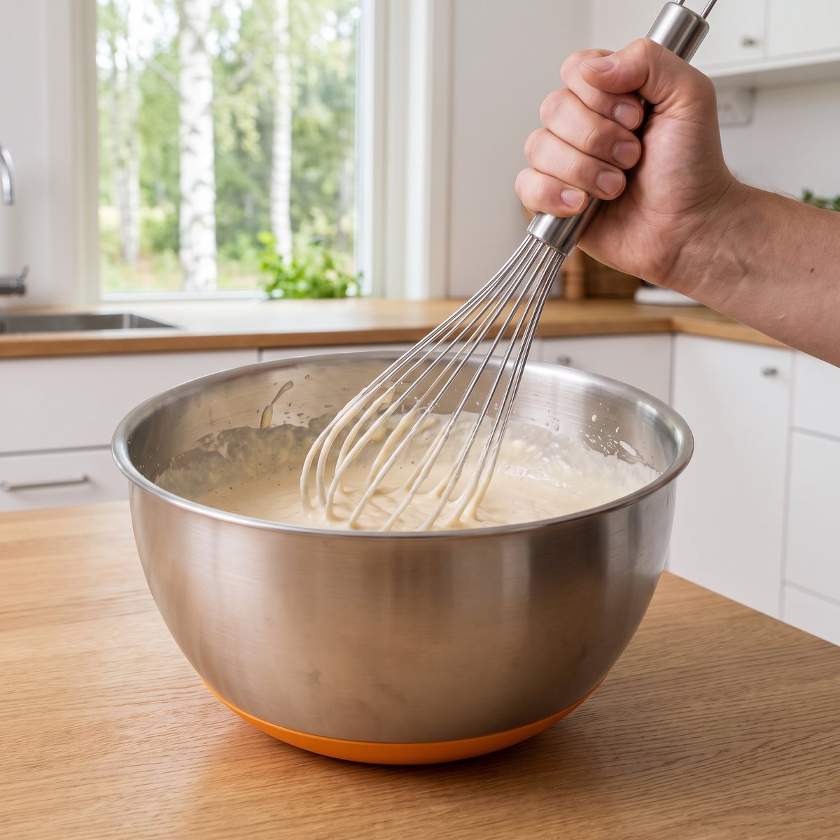 Rostfri blandskål med orange silikonbotten på träbänk i ljust svenskt kök, med smet som vispas