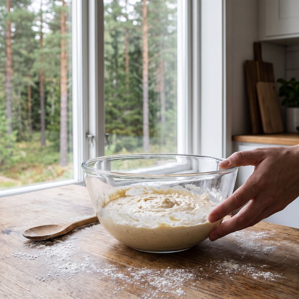 Genomskinlig glasskål med smet på träbord vid fönster mot tallskog i svenskt hem