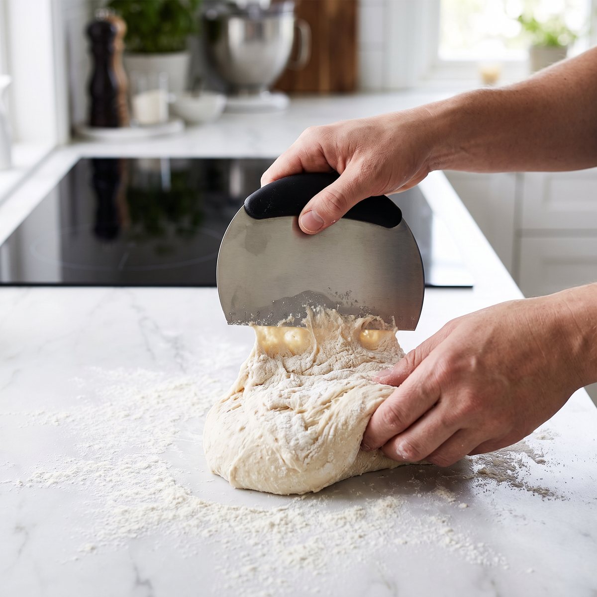 Halvrund degskrapa i rostfritt stål med svart handtag som viker en kladdig brödsdeg på en marmorbänk i ett svenskt kök med induktionshäll