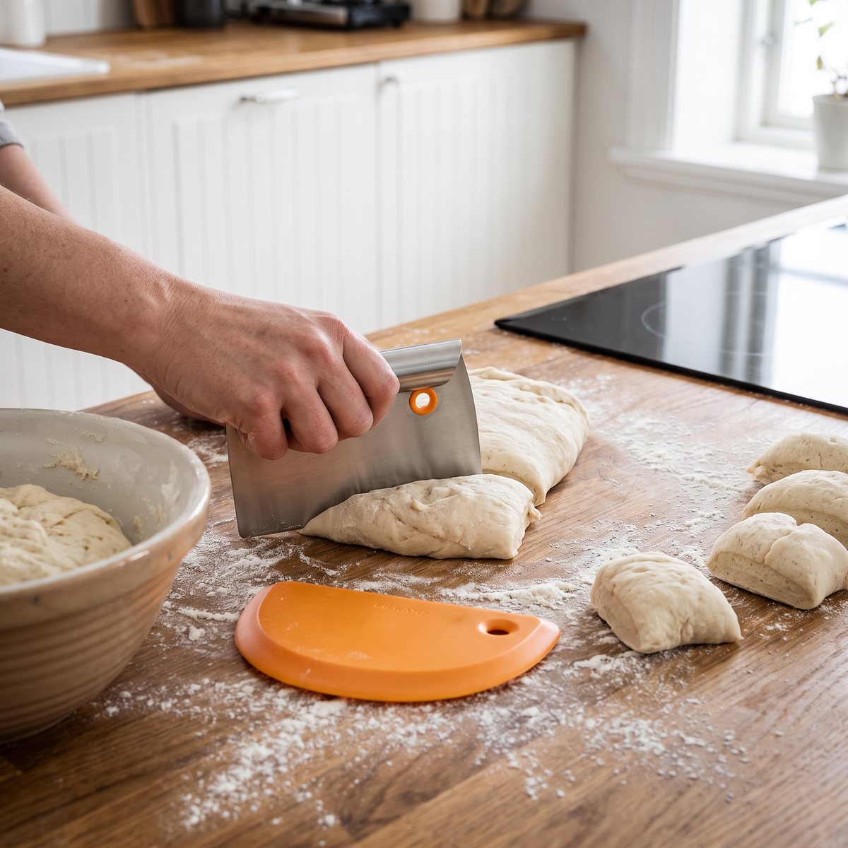 Degskrapor från Fiskars, en i stål och en orange i silikon, vid degdelning på en träbänk i ett svenskt kök med induktionshäll
