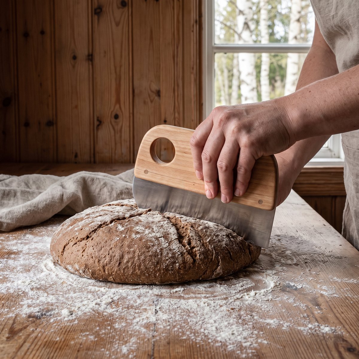 Degskrapa med handtag i oljad björk och stålblad som delar en rågbrödsdeg på ett mjölat bord i ett rustikt svenskt kök