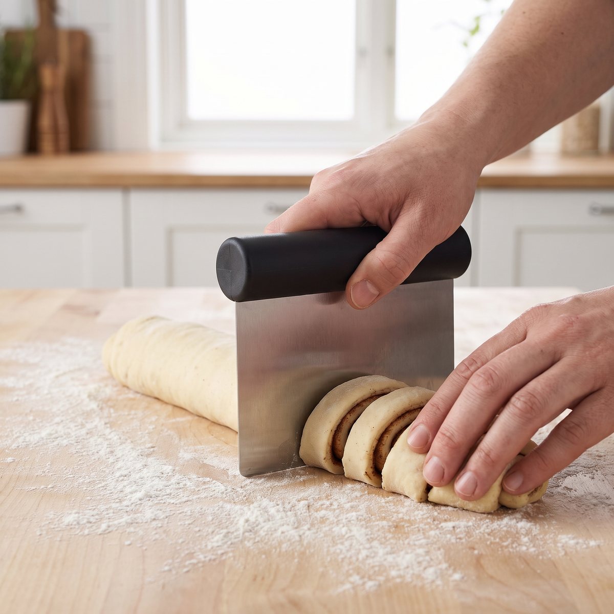 Degskrapa i rostfritt stål med svart handtag som delar en kanelbullsdeg på ett mjölat träbord i ett svenskt kök
