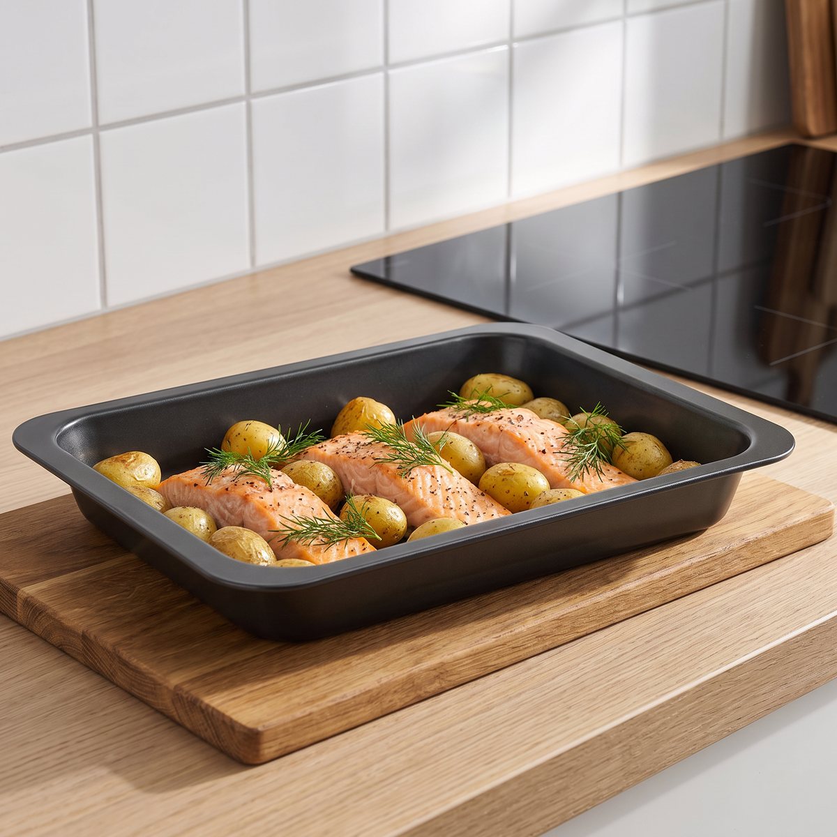 Blomsterbergs ugnspanna med laxfiléer och potatis på en skärbräda i ett svenskt kök
