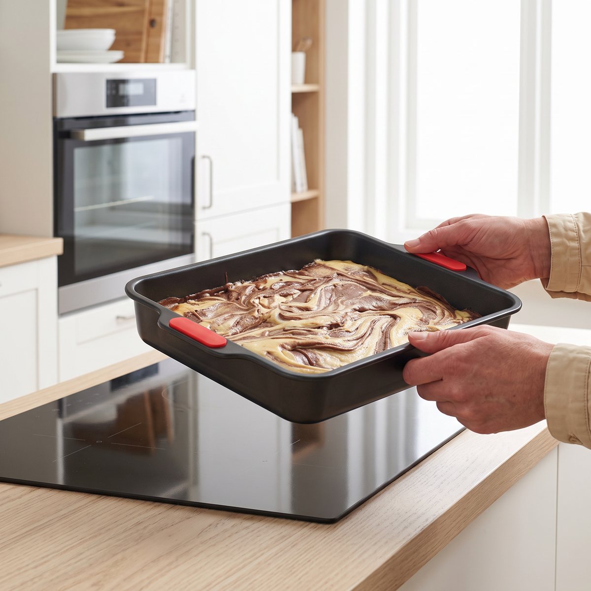 Woll Bake It långpanna med röda handtag och marmorerad kakdeg i ett ljust svenskt kök