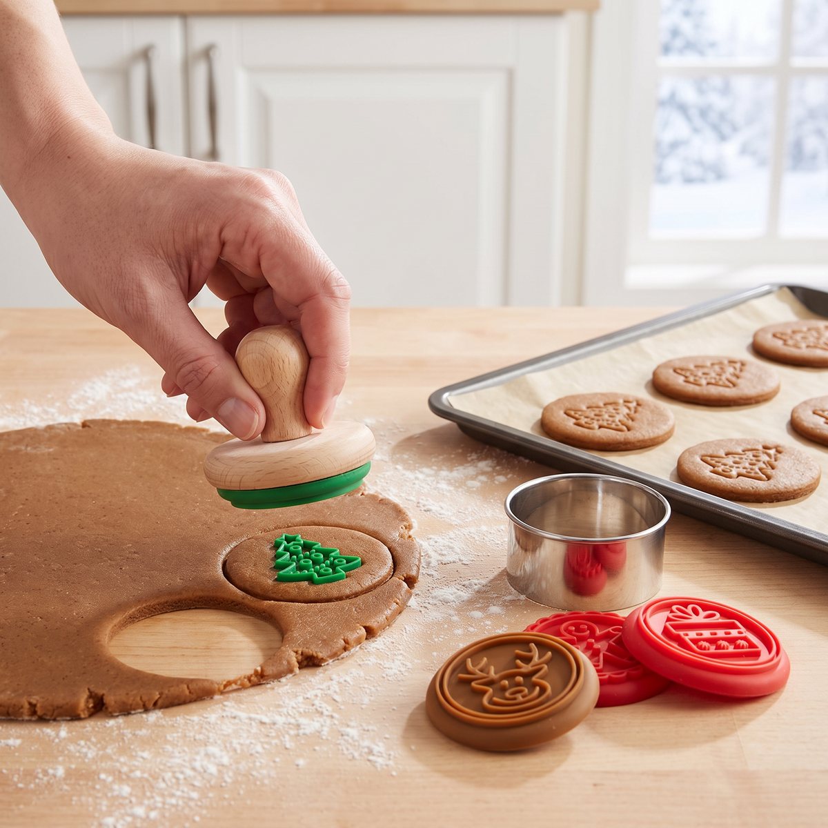 Kakstämpel med trähandtag och grön silikonstämpel som präglar en julgran i pepparkaksdeg på ett köksbord, med rund utstickare och fler stämplar bredvid i ett ljust svenskt kök en vinterdag