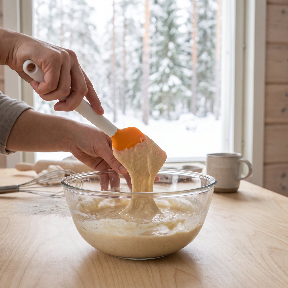 Slickepott med vitt skaft och orange silikonhuvud som skrapar pannkakssmet ur en glasskål på ett köksbord av björk