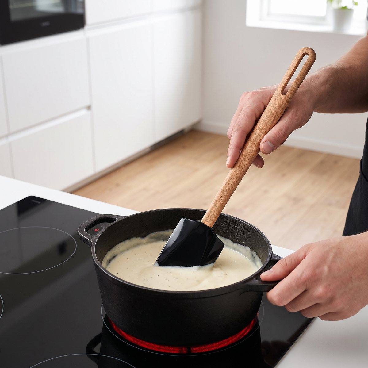 Svart silikonslickepott med bokskaft som rör i en gjutjärnsgryta på induktionshäll i ett svenskt kök