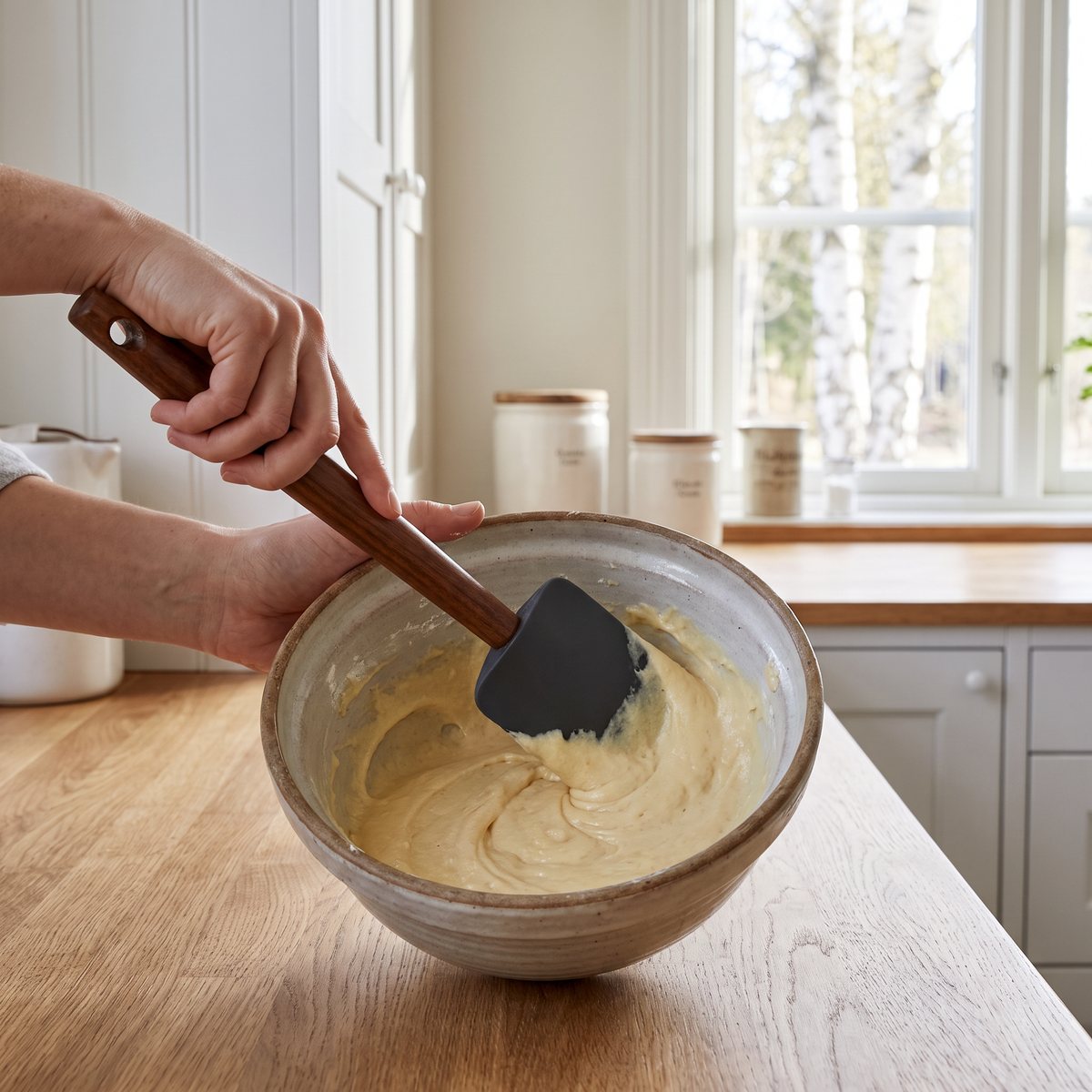 Slickepott av valnötsträ och grå silikon som skrapar kaksmet ur en keramikskål i ett svenskt kök