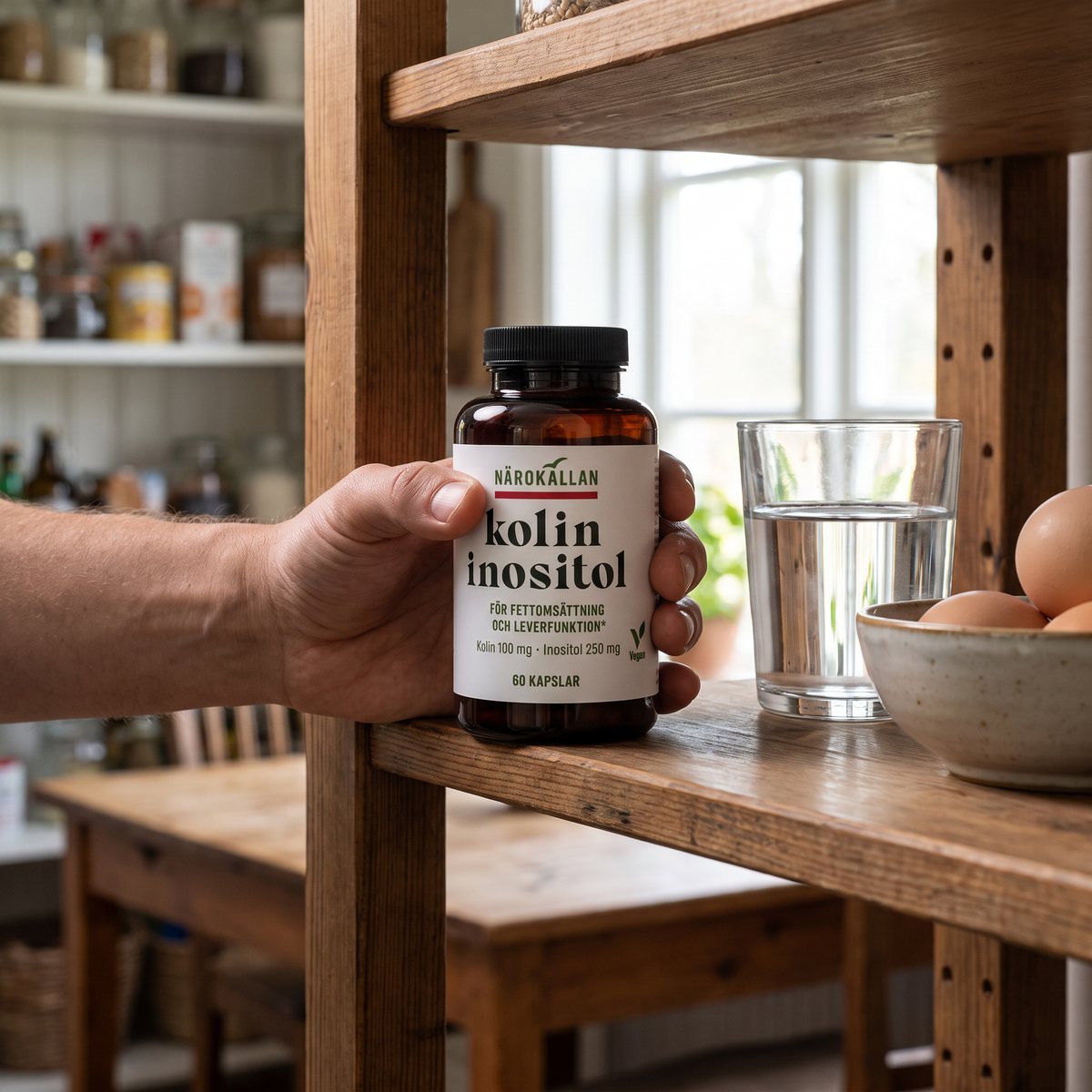 Närokällan Kolin & Inositol på en trähylla i en svensk skafferikök med ett glas vatten och en skål ägg