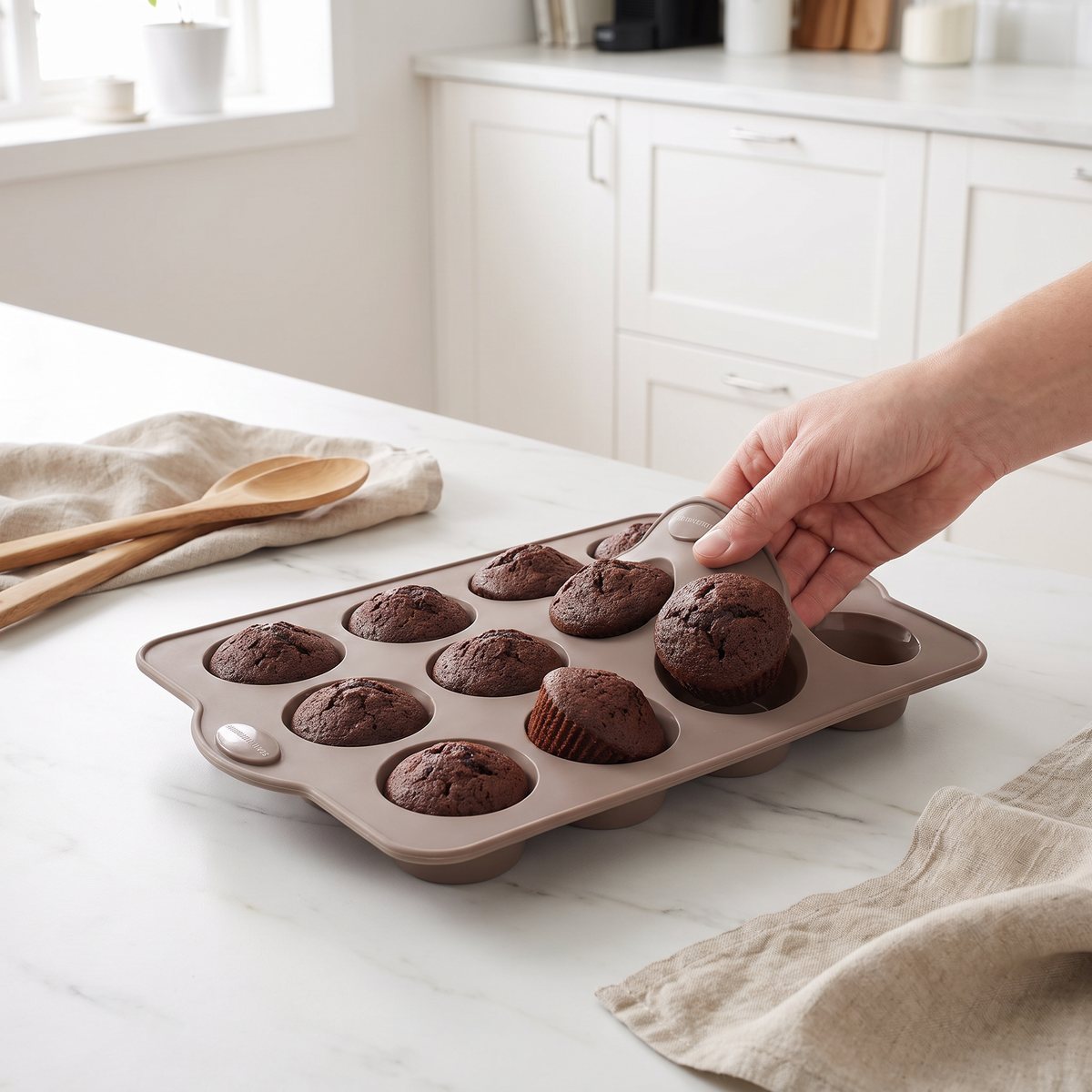 Blomsterbergs muffinsform i brun silikon med chokladmuffins som lossas ur formen på en köksbänk i Sverige