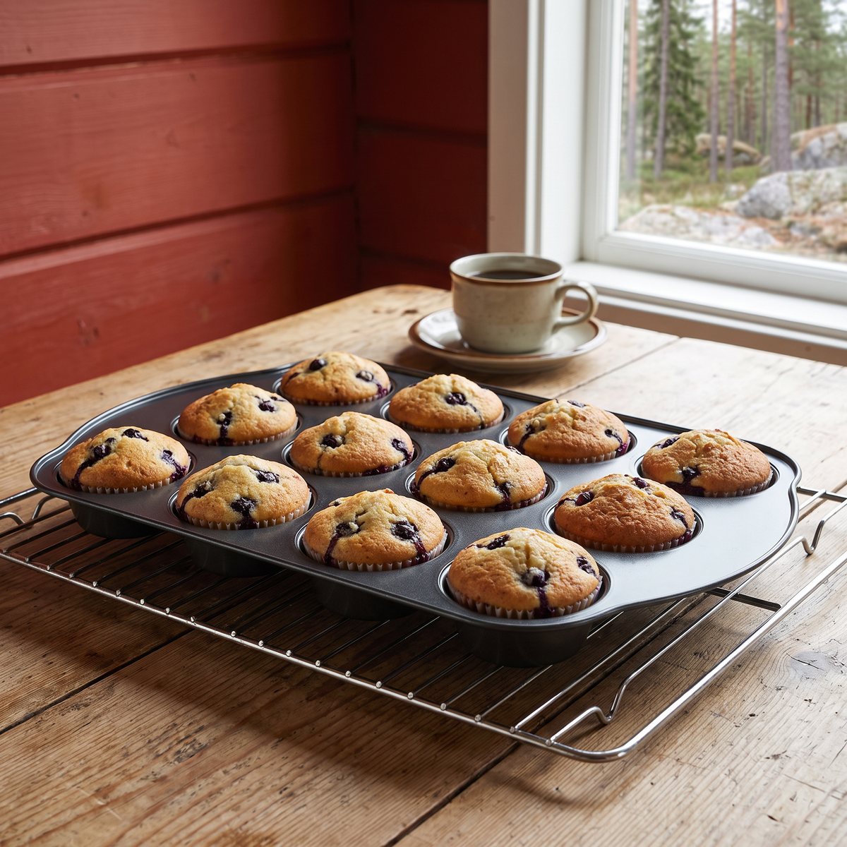 Funktion muffinsform i mörkgrå plåt med blåbärsmuffins på ett galler i ett svenskt torpkök