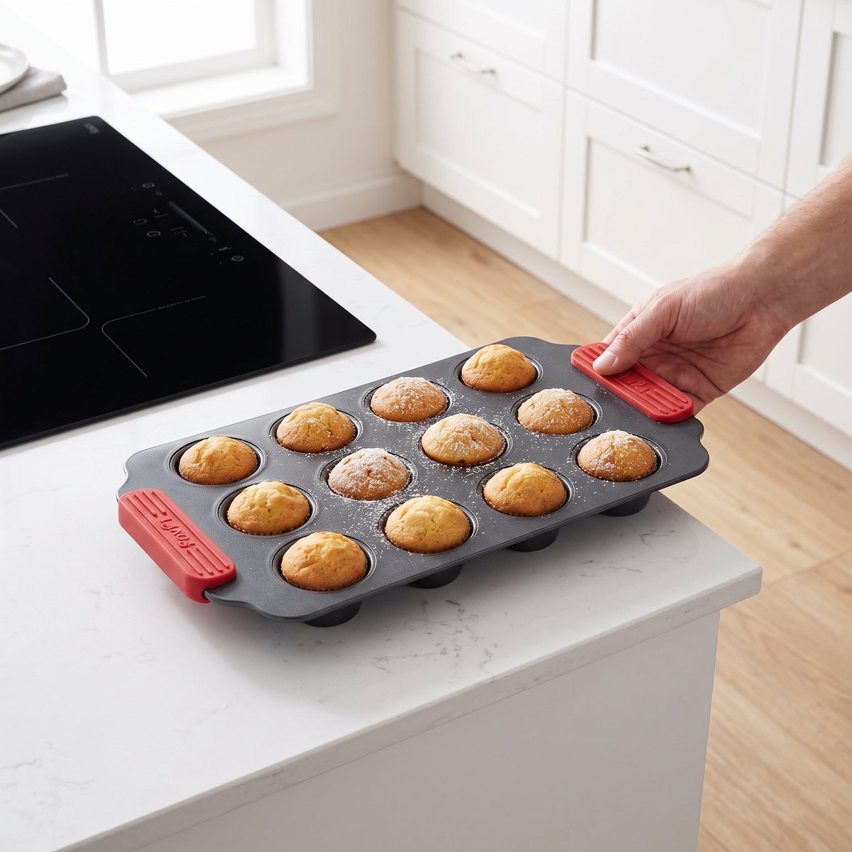 Lékué mini muffinsform med röda silikongrepp och nygräddade minimuffins vid en induktionshäll i ett svenskt kök