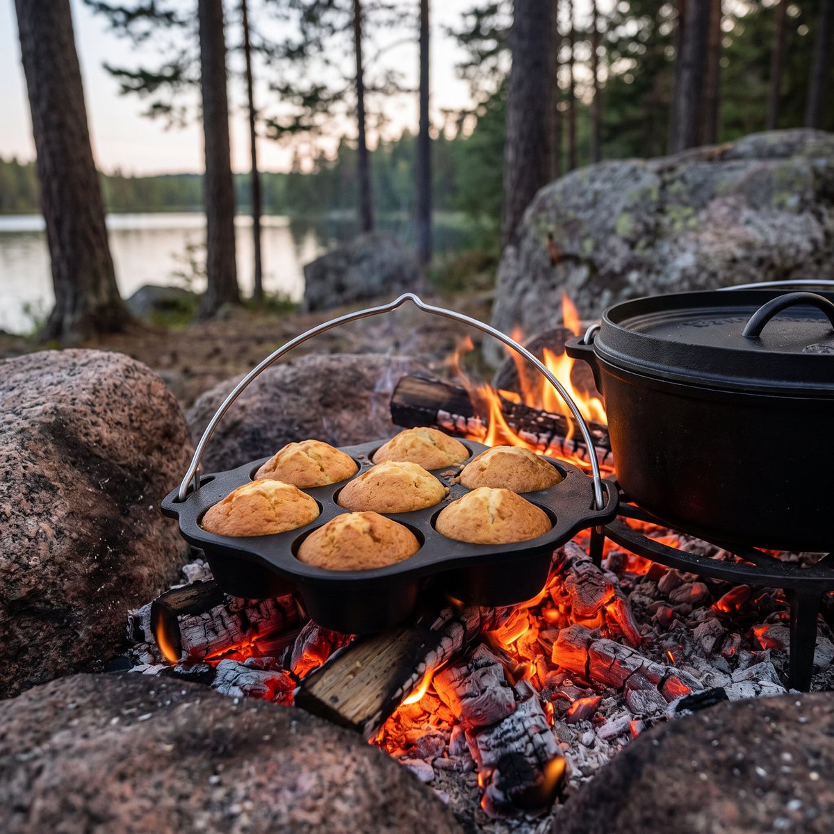 Petromax MF6 muffinsform i gjutjärn med muffins vid en lägereld på en svensk sjöstrand
