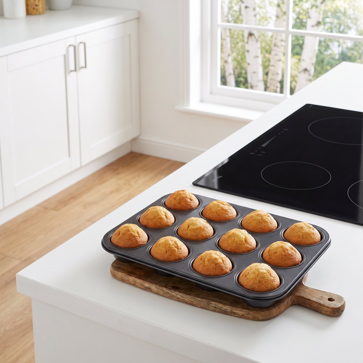 Tala Performance muffinsplåt med nygräddade muffins på en träunderlägg bredvid en induktionshäll i ett svenskt kök