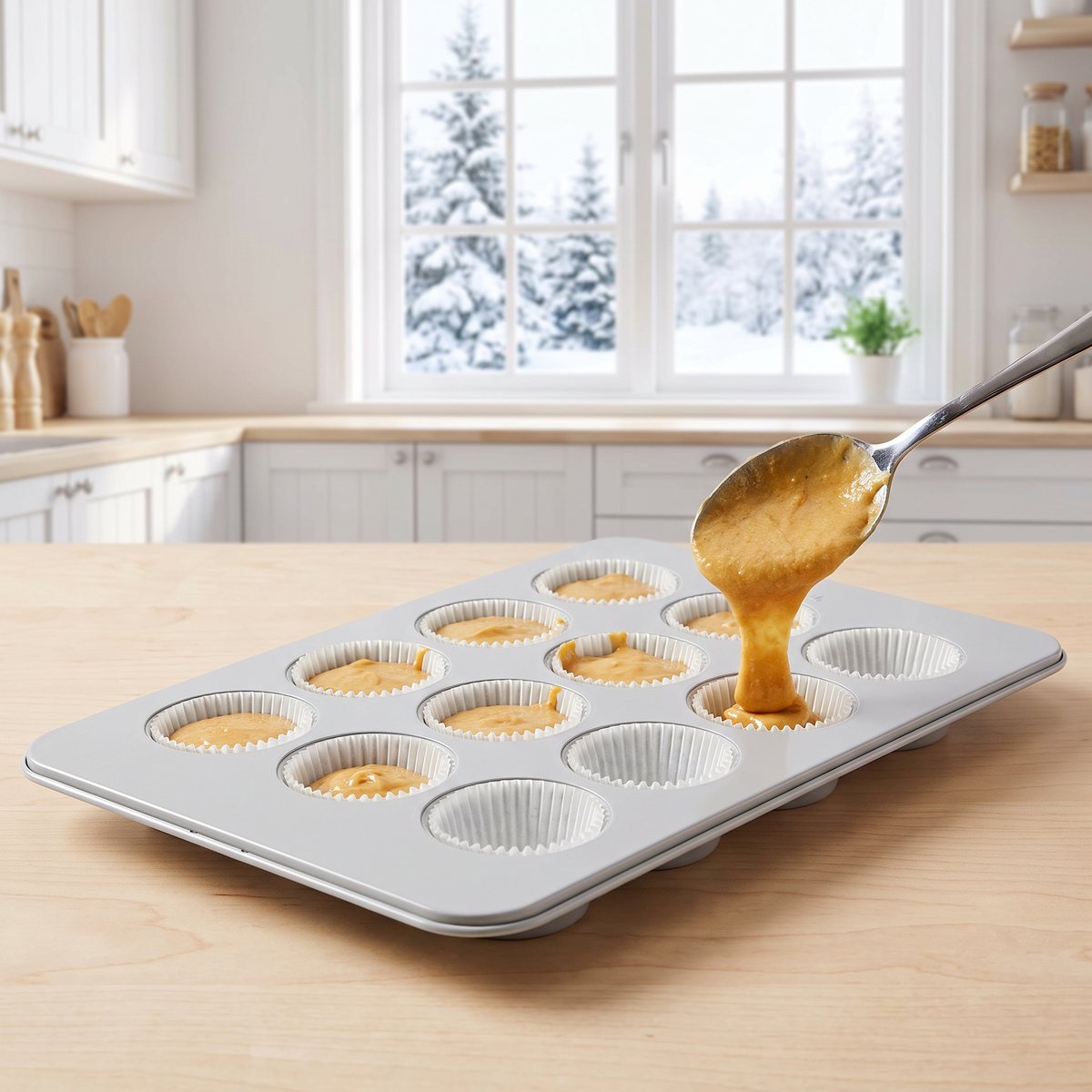 Tefal Ceramik muffinsform i ljusgrått fylls med smet i ett ljust svenskt kök med snötäckt granskog utanför fönstret