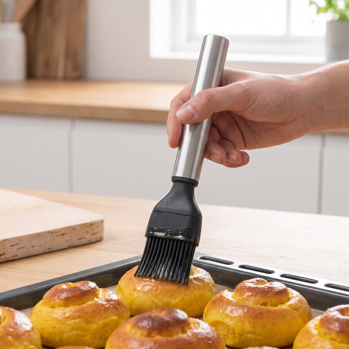 Brabantia Profile silikonpensel med rostfritt handtag som penslar smör på safransbullar i ett svenskt kök
