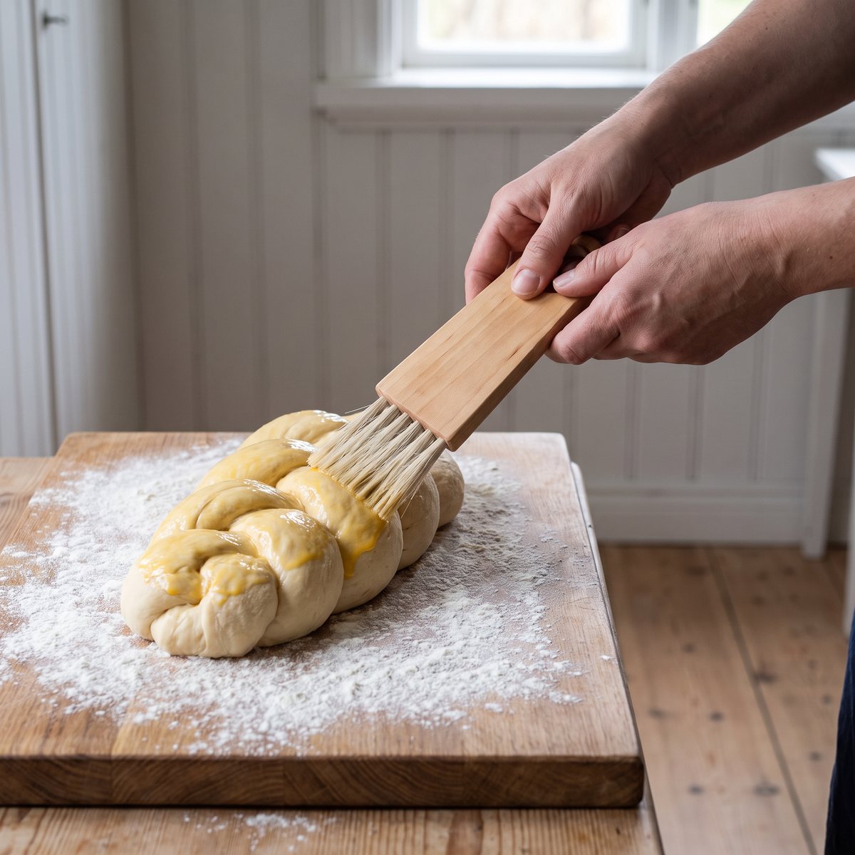 Iris Hantverk brödpensel i oljad björk som penslar ägg på ett flätat bröd i ett svenskt lanthemskök