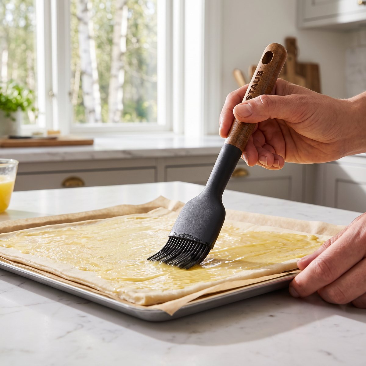 Staub bakpensel med träskaft och svart silikonborste som penslar smör på smördeg i ett ljust svenskt kök