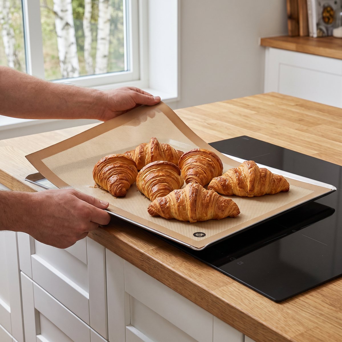 Bakmatta från de Buyer under nygräddade croissanter på en plåt i ett svenskt kök