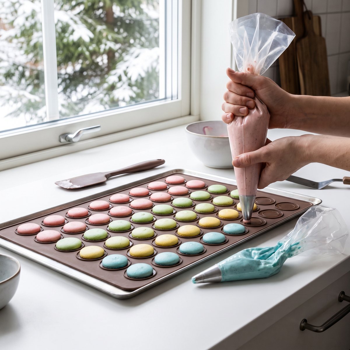 Lékués macaronmatta med färgglada macaronskal som spritsas på en bänk vid fönstret i ett svenskt kök