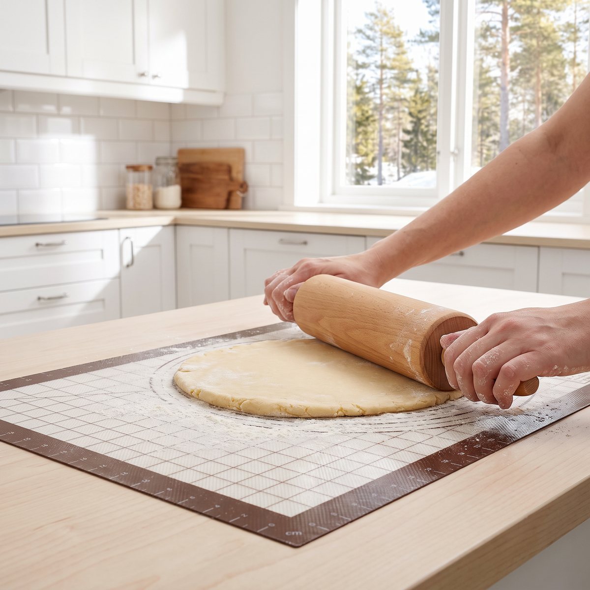 Lékués bakmatta med måttlinjer används vid kavling av pajdeg på en köksö i ett svenskt kök