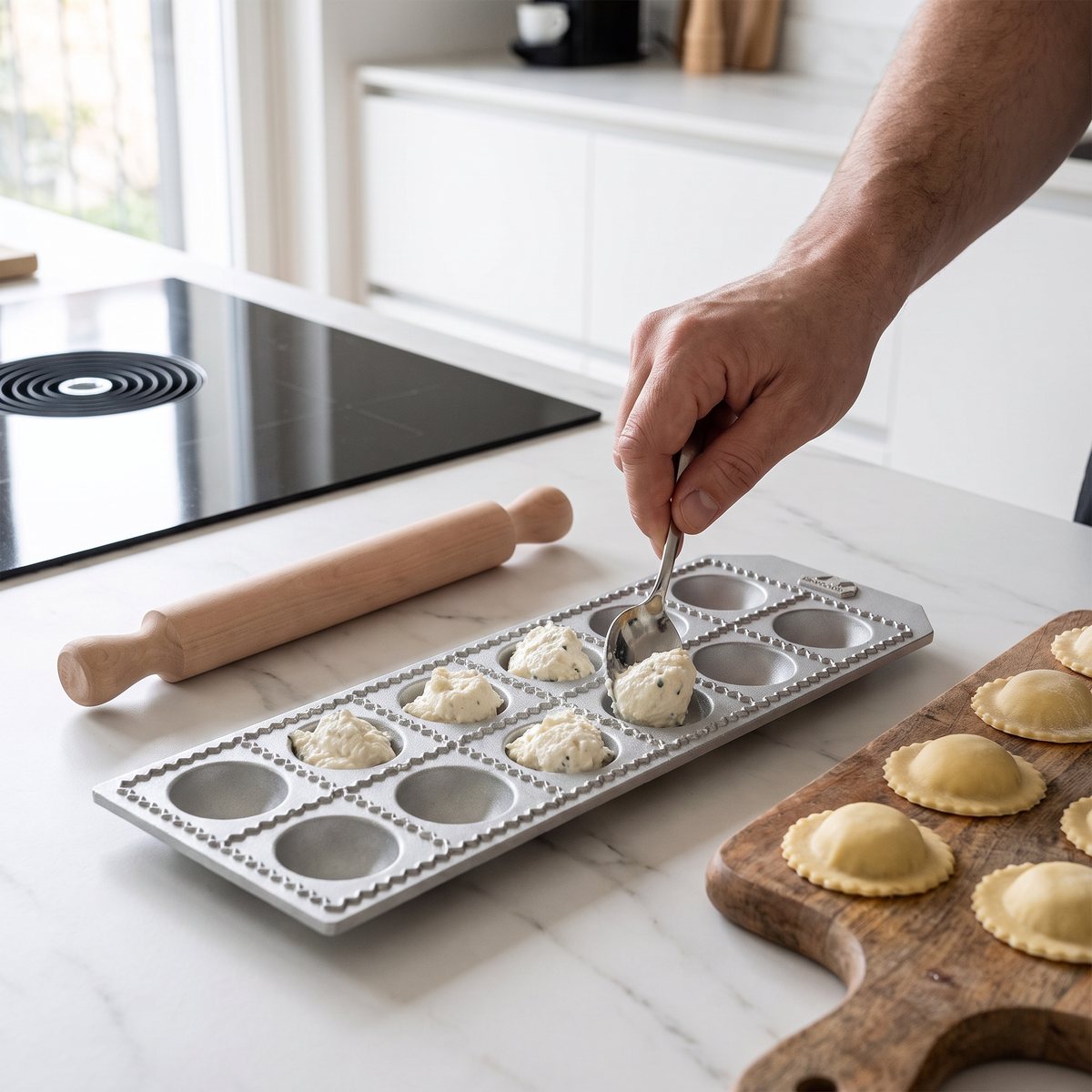 Marcato ravioliplåt med 12 runda hål som fylls med ricotta i ett svenskt kök