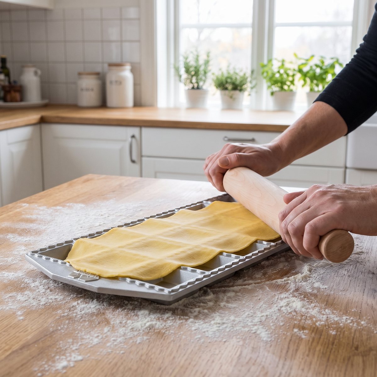 Marcato ravioliform med 24 kvadratiska hål och kavel av trä på ett mjölat bord i ett svenskt kök