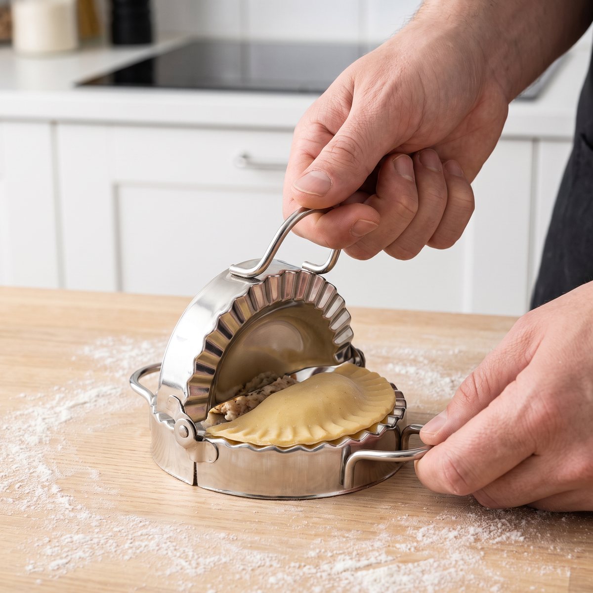 Mareld ravioliform i rostfritt stål som pressar ihop fylld pastadeg i ett svenskt kök