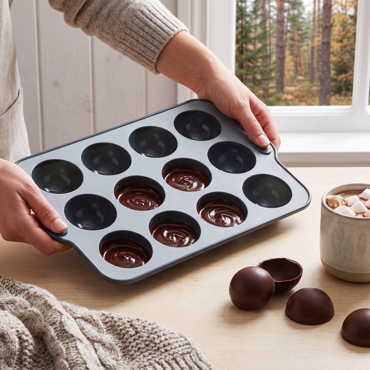 Blomsterbergs grå silikonform med tolv halvklot fylld med choklad på ett träbord i en svensk stuga
