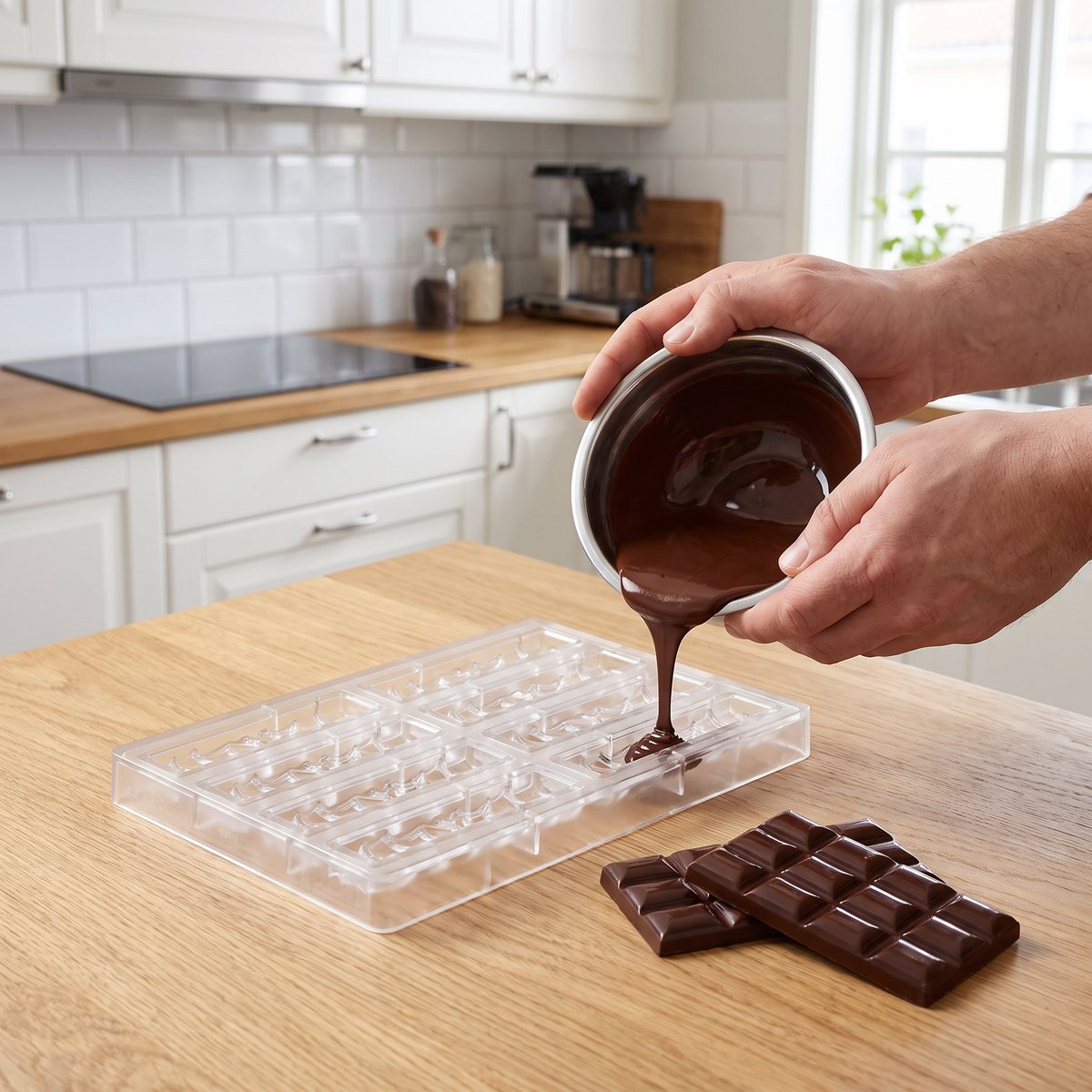 Genomskinlig Silikomart Goccia-B chokladform som fylls med tempererad choklad på ett träbord i ett svenskt kök