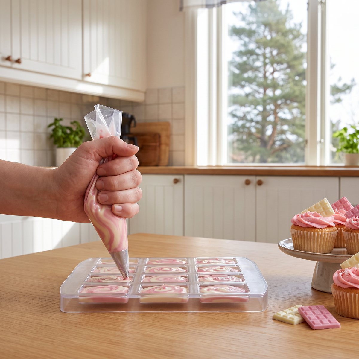 PME miniform av genomskinlig plast för chokladkakor fylls med spritspåse i ett svenskt kök