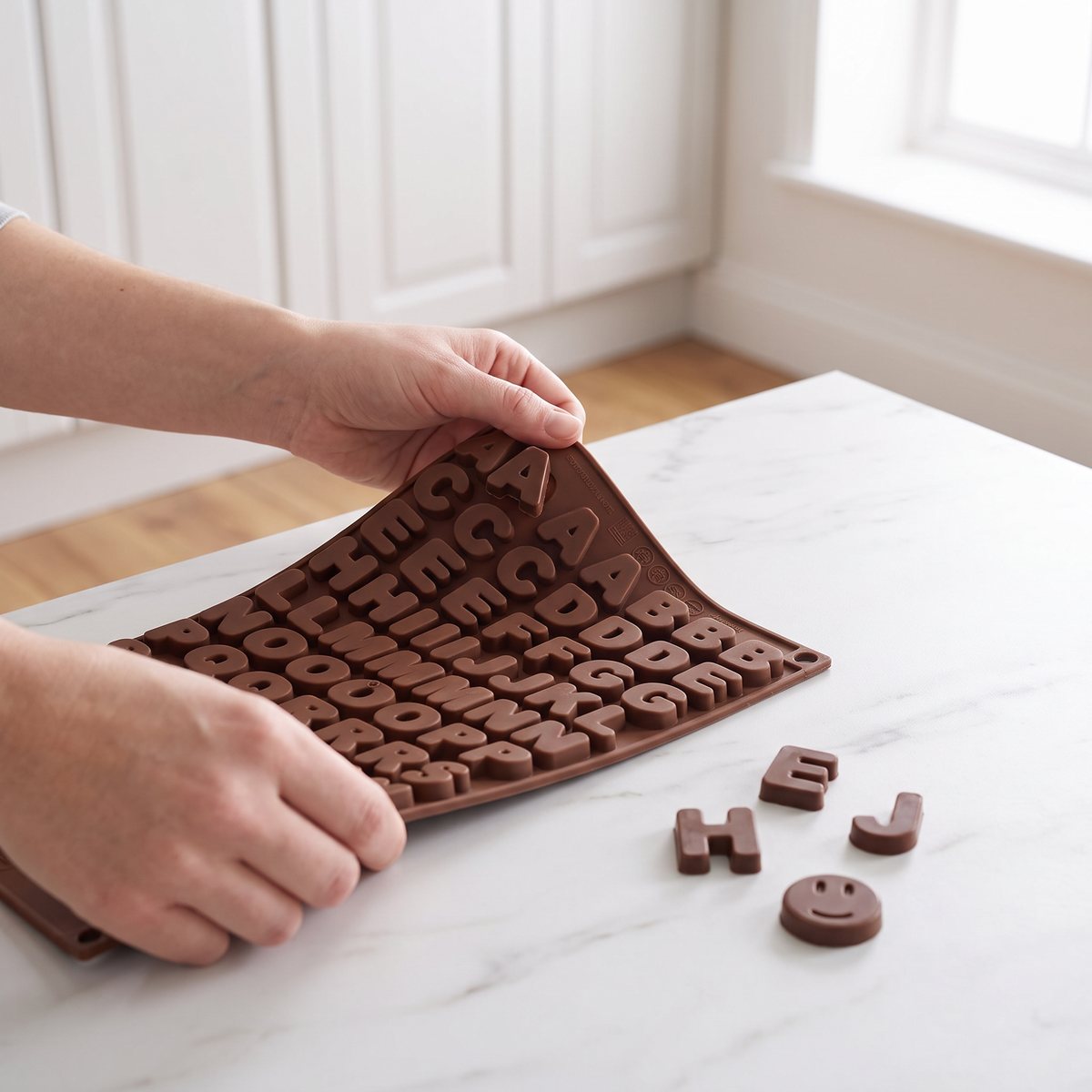 Silikomart pralinform med bokstäver i brun silikon som böjs för att lossa chokladbokstäver, svenskt kök