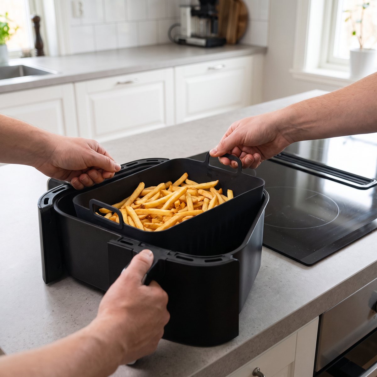 Svarta silikonformar med handtag i en airfryerlåda fylld med pommes frites i ett svenskt kök
