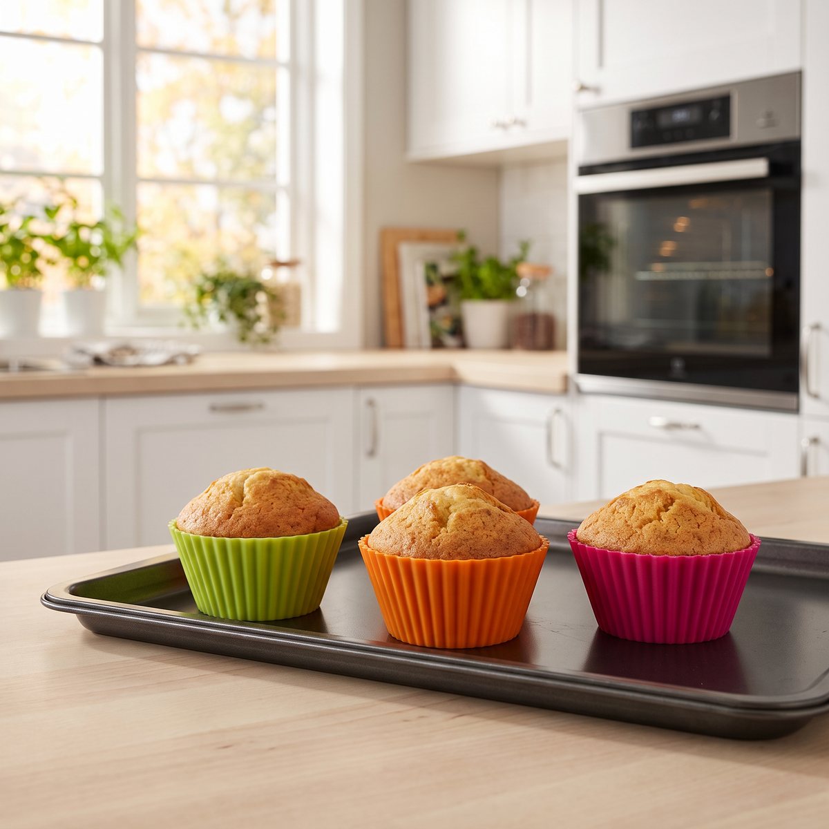 Färgglada silikonformar för muffins fyllda med nygräddade muffins på en plåt i ett svenskt kök